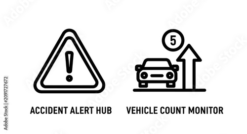 Accident alert hub and vehicle count monitor icon set with accident, triangle