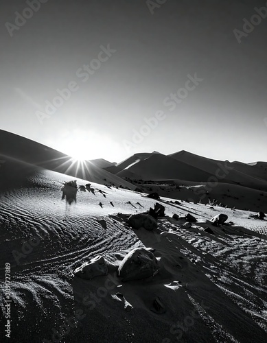 Hiker Trekking Through Snowy Mountains at Sunset
