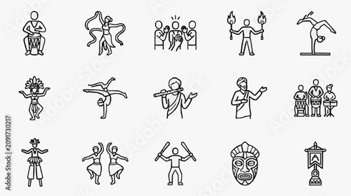 Fotografie Professional Black and White Line Drawing Icons Set Featuring Diverse Cultural D