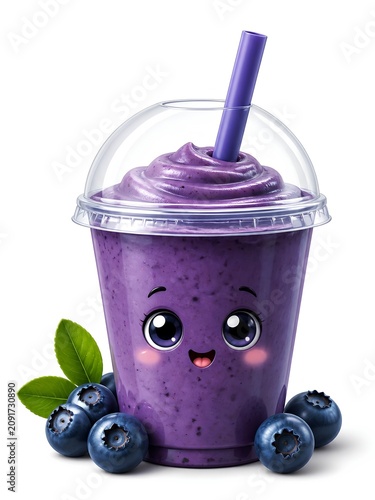 A clear takeaway cup filled with a vibrant purple blueberry smoothie, featuring an adorable cartoon face with big eyes and a smiling mouth. The cup has a dome lid and a purple straw.