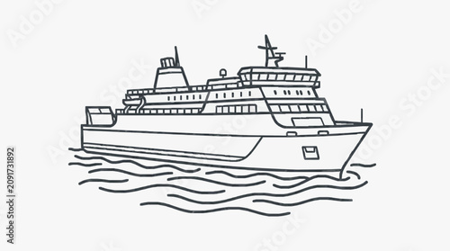 Tableau sur toile Modern Black and White Line Drawing of a Large Passenger Ferry Ship on Wavy Wate