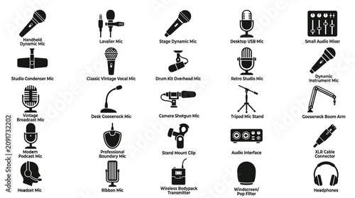 A minimalist vector icon pack featuring various microphone and audio.