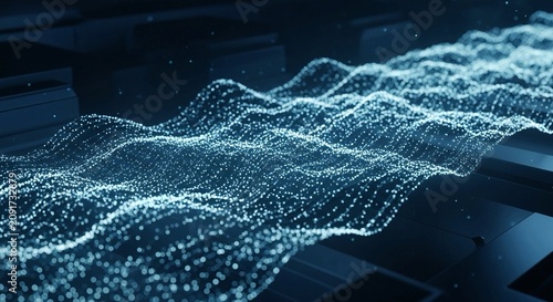 Abstract digital data wave form flowing over dark futuristic surface representing advanced network connectivity and big data analytics concept in a sleek modern technology