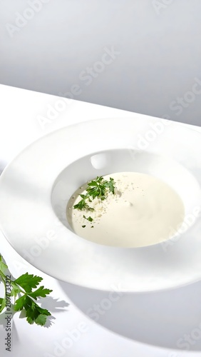 Bowl of Creamy Soup with Green Garnish on a White Surface
