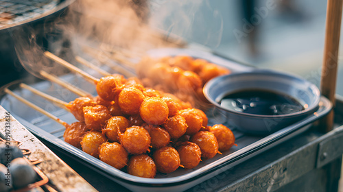 1. Title/Description
Kwek kwek Filipino fried quail eggs in orange batter on bamboo skewers with steam rising, served on tray with dark dipping sauce at street food stall in Philippines