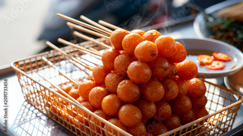 Kwek kwek Filipino street food, deep fried quail eggs in orange batter on bamboo skewers with steam rising at market stall in the Philippines, close-up