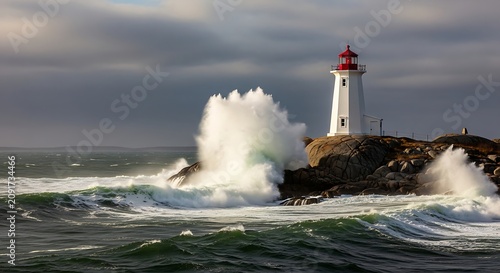 White Coastal Lighthouse Standing on Rocky Shore with Crashing Waves Under Cloudy Sky
