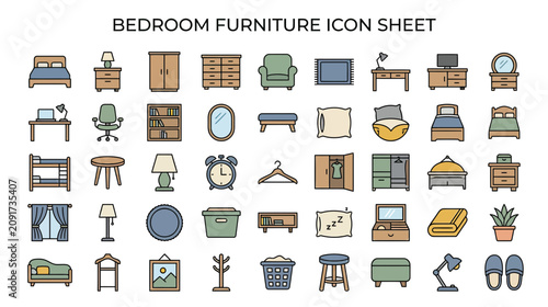 Εκτύπωση καμβά Bedroom Furniture Icons Set - Vector Collection of Home Decor Elements