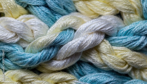 Close-up of pastel-colored yarn, braided together in a textured pattern. Perfect for craft, knitting, and DIY projects.