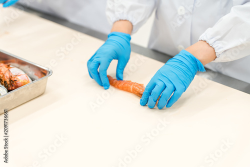 Obraz na plátně A food factory staff member peels shrimp and prepares them (food hygiene, food processing)