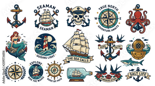 Nautical Tattoo Style Icons: Ships, Anchors, Compass, Mermaid, Octopus, Skull