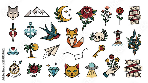 Retro Tattoo Art Collection: Animals, Nature, Symbols, Icons - Vector Set