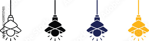 Hanging Pendant Light and Ceiling Lamp Icon Set with Glowing Bulb in Black Outline, Solid Black, Navy Blue and Yellow Vector Styles for Lighting and Interior Design