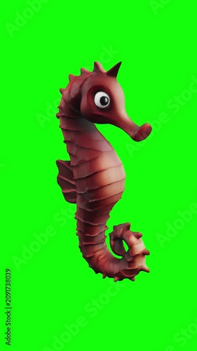 dark brown seahorse animated on green screen background, vertical video.