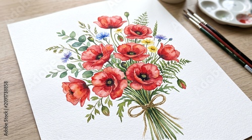 Vibrant Red Wildflower Bouquet Painting Resting on White Paper on Wooden Table