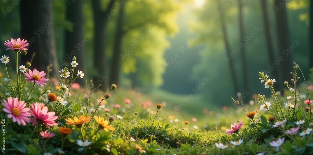 Obraz premium Elegant wedding stationery, wildflowers, forest backdrop , design, wildflowers