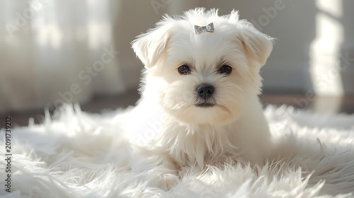 Small white dog puppy lying down comfortably