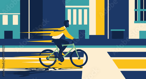 Flat illustration of a person riding a bicycle fast in a modern city