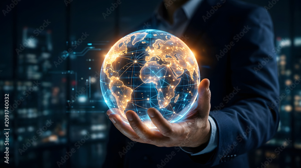 Fototapeta premium Businessman holding glowing digital globe with city lights in background.