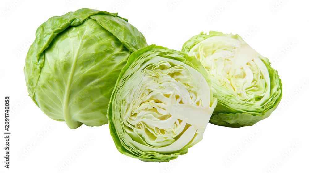 Obraz premium Fresh green cabbage one whole and two halves, isolated on transparent background