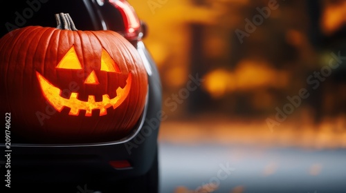 A glowing carved Halloween pumpkin with a smiling face sits atop a dark vehicle against a softly blurred warm-toned background.