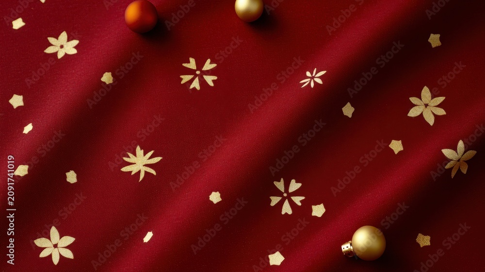 Fototapeta premium A red fabric adorned with gold floral and star patterns, paired with gold and orange Christmas baubles.