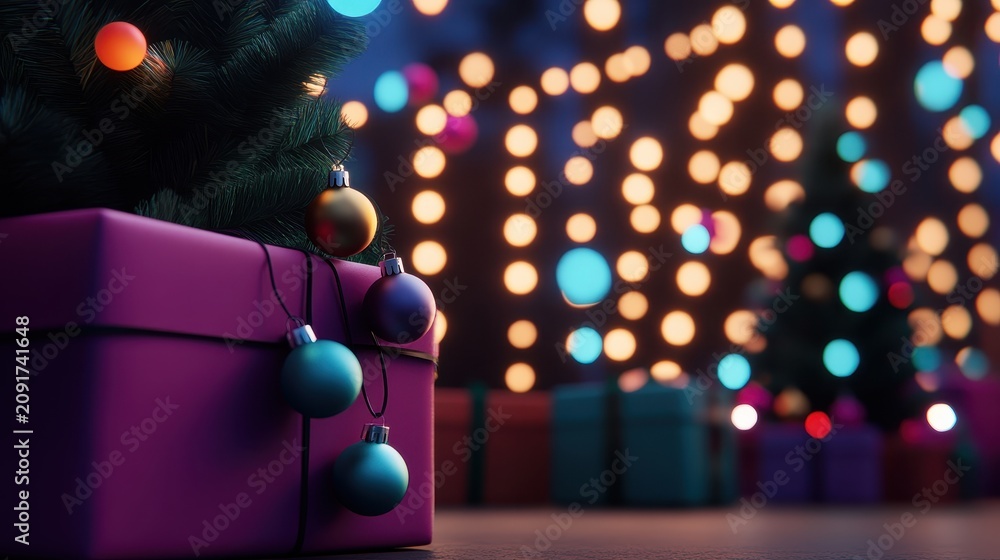 Fototapeta premium A close-up of a purple gift box adorned with Christmas ornaments and a tree branch, set against a backdrop of softly blurred festive lights and colorful gifts.