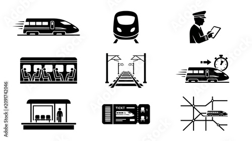 Train Station Transportation Icons Set.