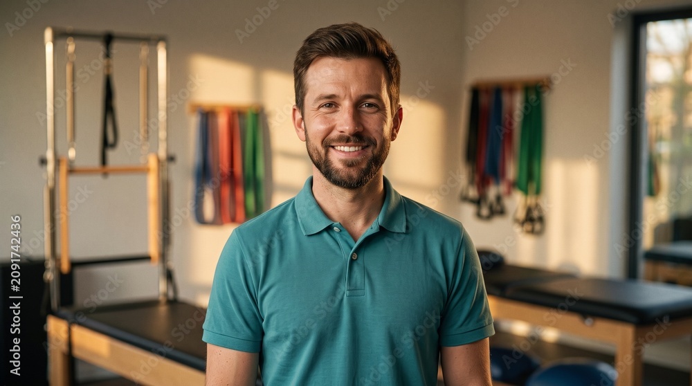 Fototapeta premium Smiling Fitness Trainer in Rehabilitation Gym Setting