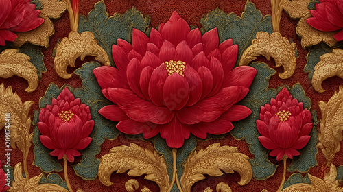 Thai silk inspired pattern, traditional textile motifs, rich gold and red colors, authentic Thai craftsmanship, seamless decorative background
