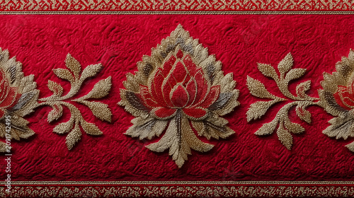 Thai silk inspired pattern, traditional textile motifs, rich gold and red colors, authentic Thai craftsmanship, seamless decorative background