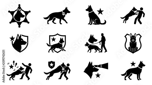 Tableau sur toile Working dog silhouettes including police and service icons.