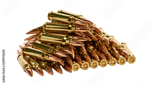 Cuadro en lienzo Pile of golden brass rifle cartridges, isolated on transparent background
