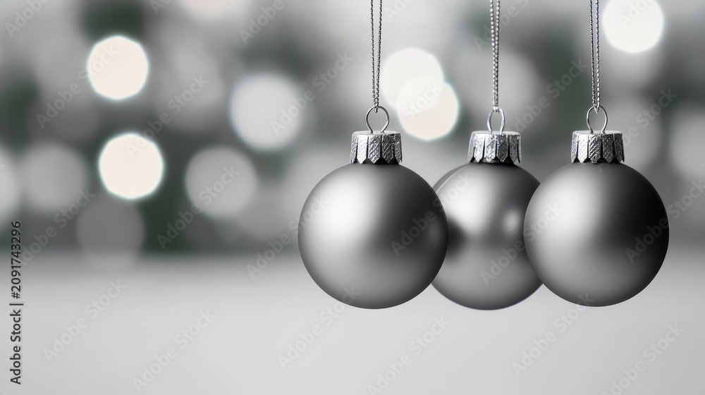 Fototapeta premium Three silver Christmas ornaments hang gracefully against a backdrop of blurred white lights, evoking a festive and elegant holiday atmosphere.
