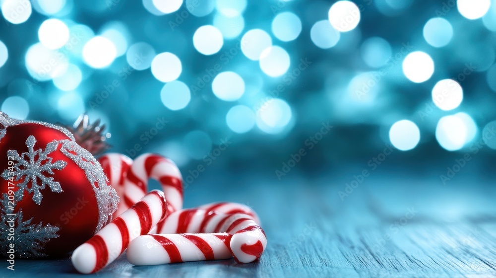 Fototapeta premium A red Christmas ornament with silver snowflakes and red and white candy canes are set against a blue background with soft, glowing bokeh lights.