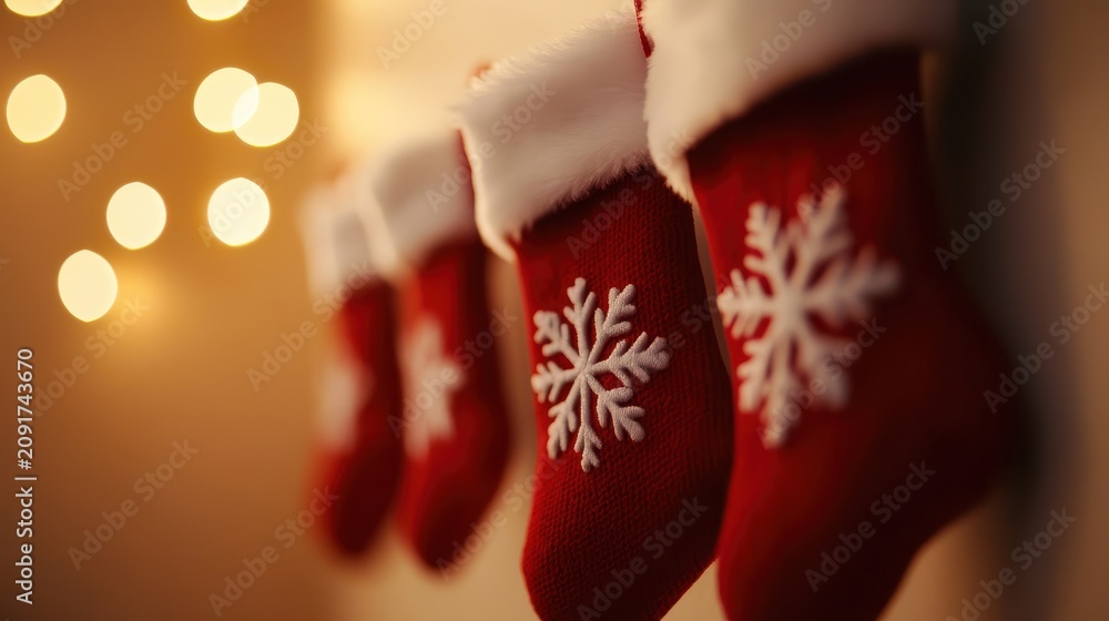 Fototapeta premium Four red Christmas stockings adorned with white snowflake decorations hang in a row, illuminated by soft, warm holiday lights in the background.