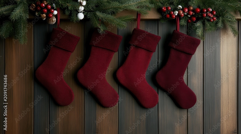 Fototapeta premium Four red Christmas stockings dangle from a pine garland adorned with red berries and white ornaments against a wood-paneled backdrop.