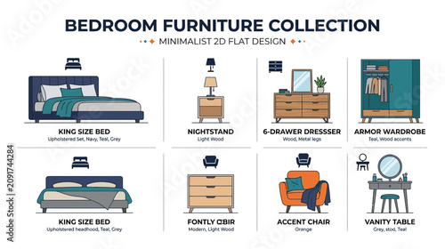 Bild auf Leinwand Minimalist Bedroom Furniture Collection - Flat Design Icons and Illustrations
