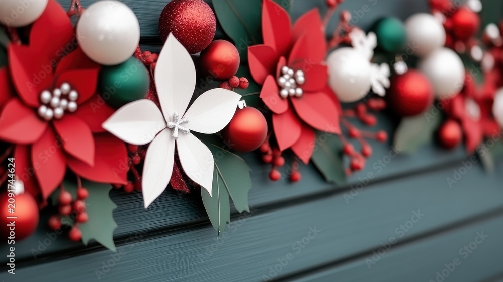 Fototapeta premium A vibrant holiday wreath adorned with red and white flowers, green leaves, red berries, and decorative ornaments resting against a blue wooden background.