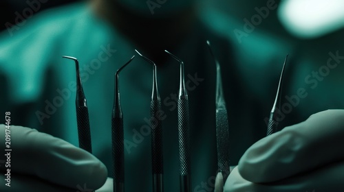 A gloved hand holds six sharp, angled dental tools against a dim teal background.