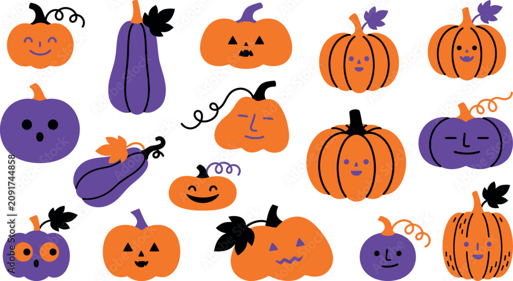 Fototapeta premium Festive halloween day pumpkins and eggplants collection hand drawn style