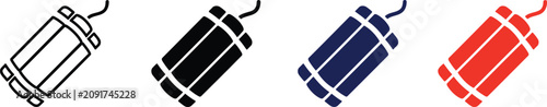 Dynamite Explosive Stick Bundle Icon Set in Outline, Black Solid, Navy Blue and Red Color Styles, Detonator Bomb Symbol Vector Illustration Isolated on Transparent Background.