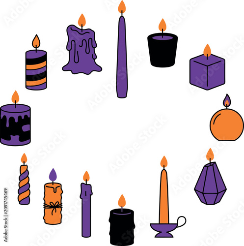Halloween day candle arrangement spooky purple and orange decorative elements