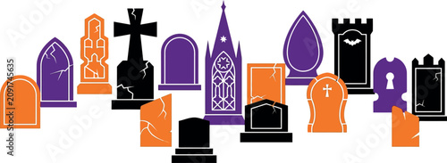 Halloween day cemetery scene tombstones castle and spooky elements vector illustration