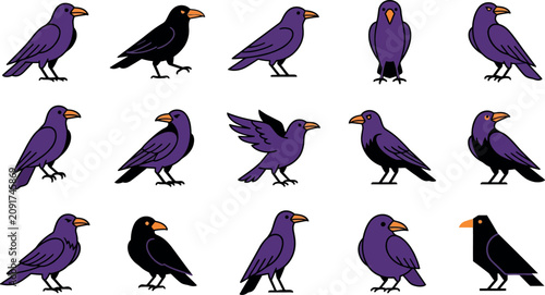 Halloween day raven collection vector illustrations for spooky designs and autumn celebrations