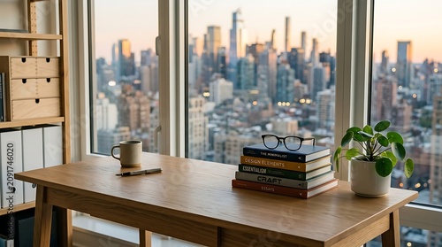 Wooden desk with books and cityscape view through large window at sunrise