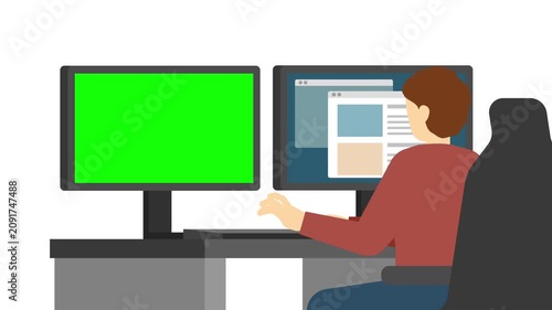 フラットイラストアニメーション：デスクトップPCで仕事する男性