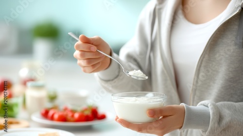 A person enjoying a healthy snack. Fresh yogurt is served in a bowl. This image captures a moment of nutritious eating and well-being in a bright kitchen. Ideal for wellness and food content. AI