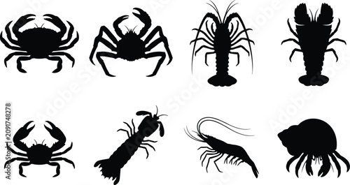Bilde på lerret Crustacean Silhouette Icon Set Featuring Crabs Lobster Shrimp Mantis Shrimp and