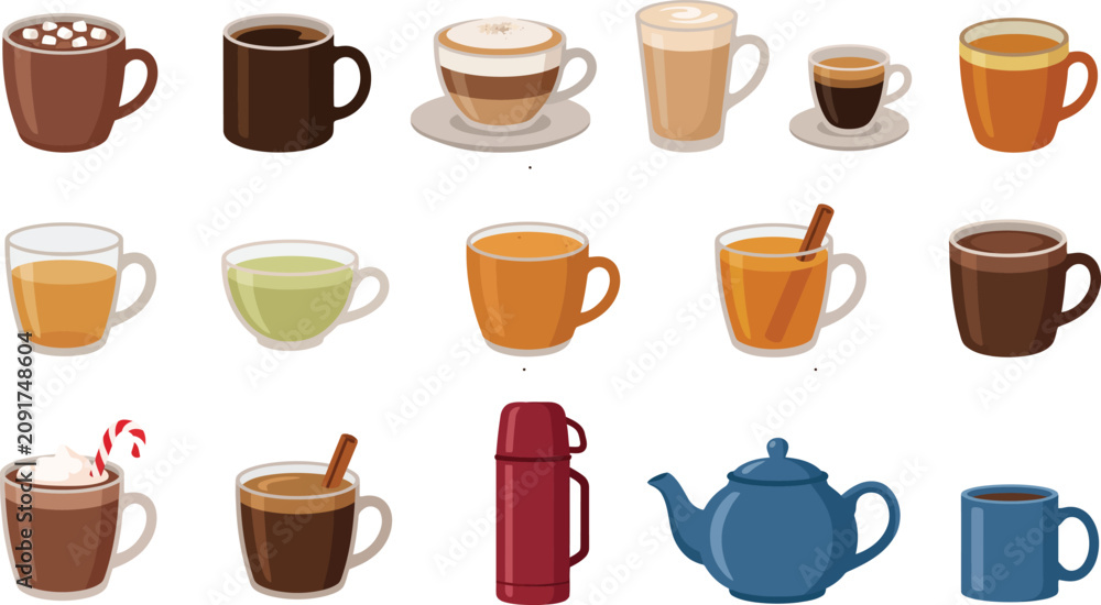 Obraz premium A collection of vector graphic icons showing various hot beverages including coffee tea cocoa and herbal drinks in mugs